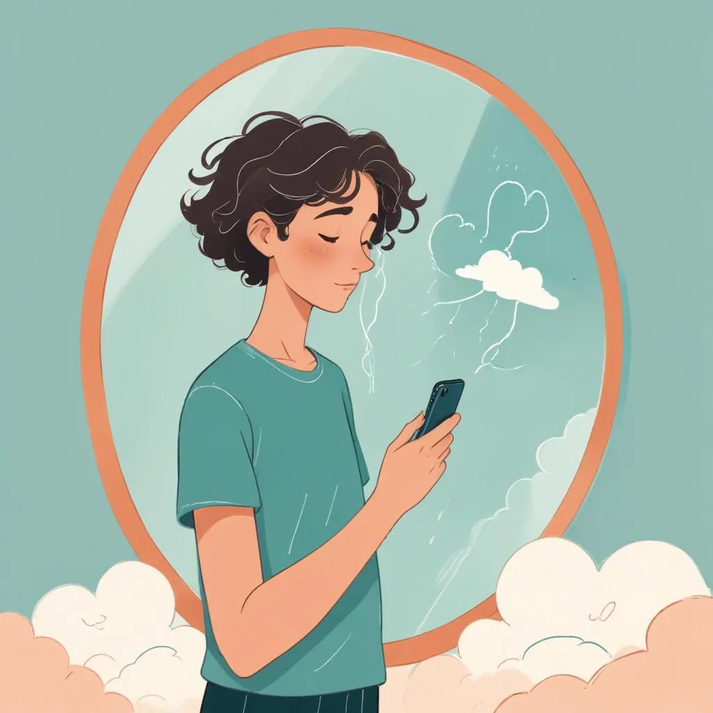Adolescente diante do espelho segurando o celular, com um emaranhado sobre o reflexo