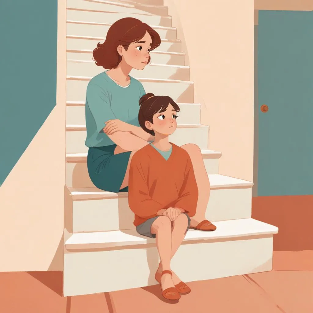 Adolescente emburrada sentada na escada de casa, com a mãe sentada logo atrás em silêncio