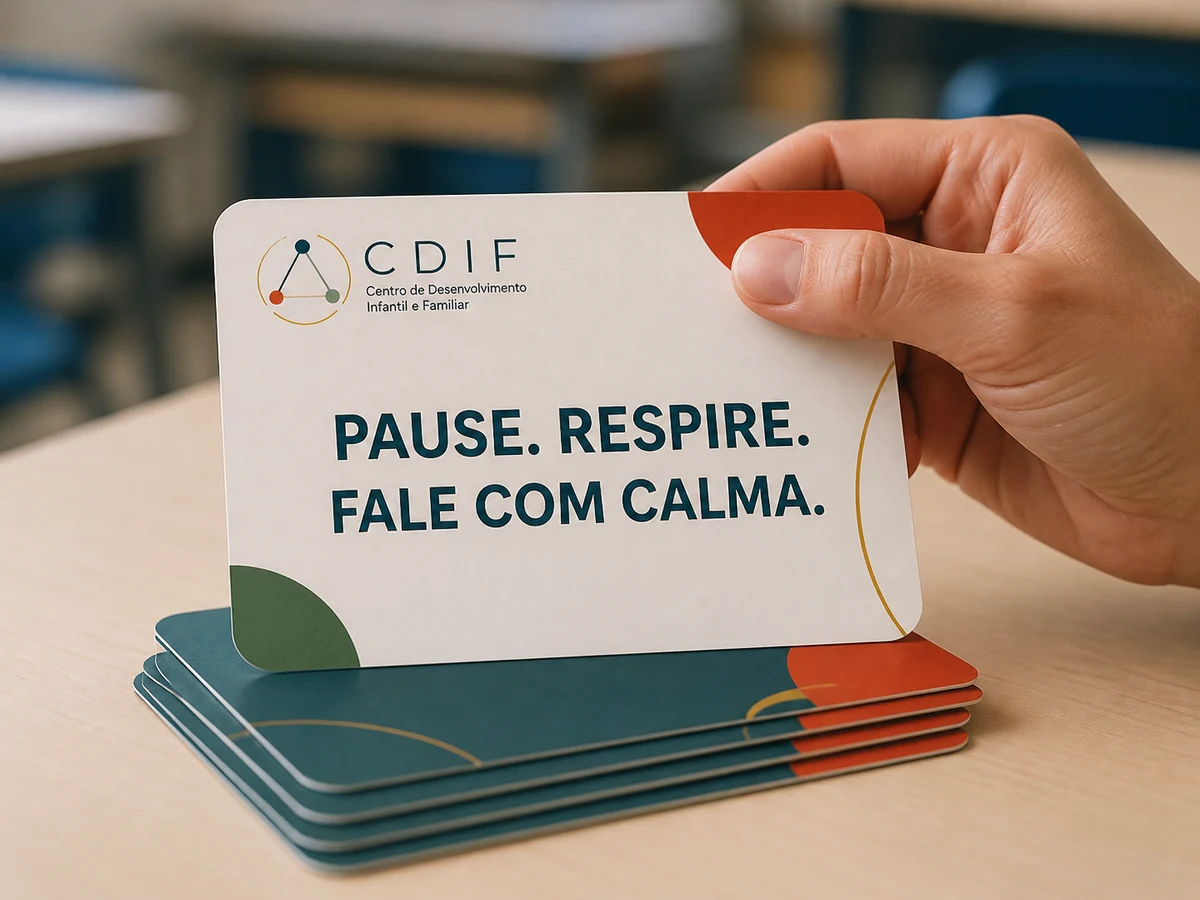 Mão retirando de uma pilha um cartão CDIF com a mensagem Pause, respire, fale com calma