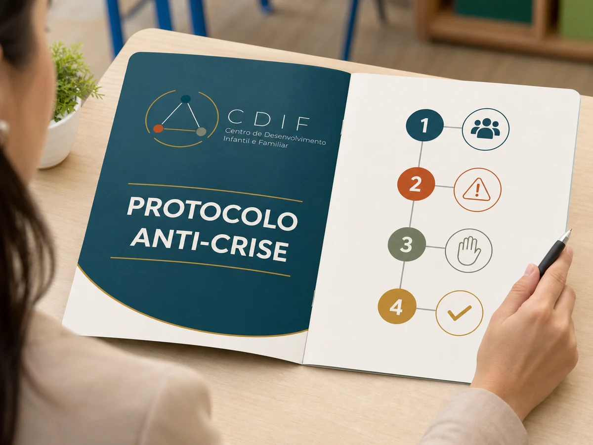 Protocolo anti-crise CDIF aberto em uma sequência visual de quatro etapas