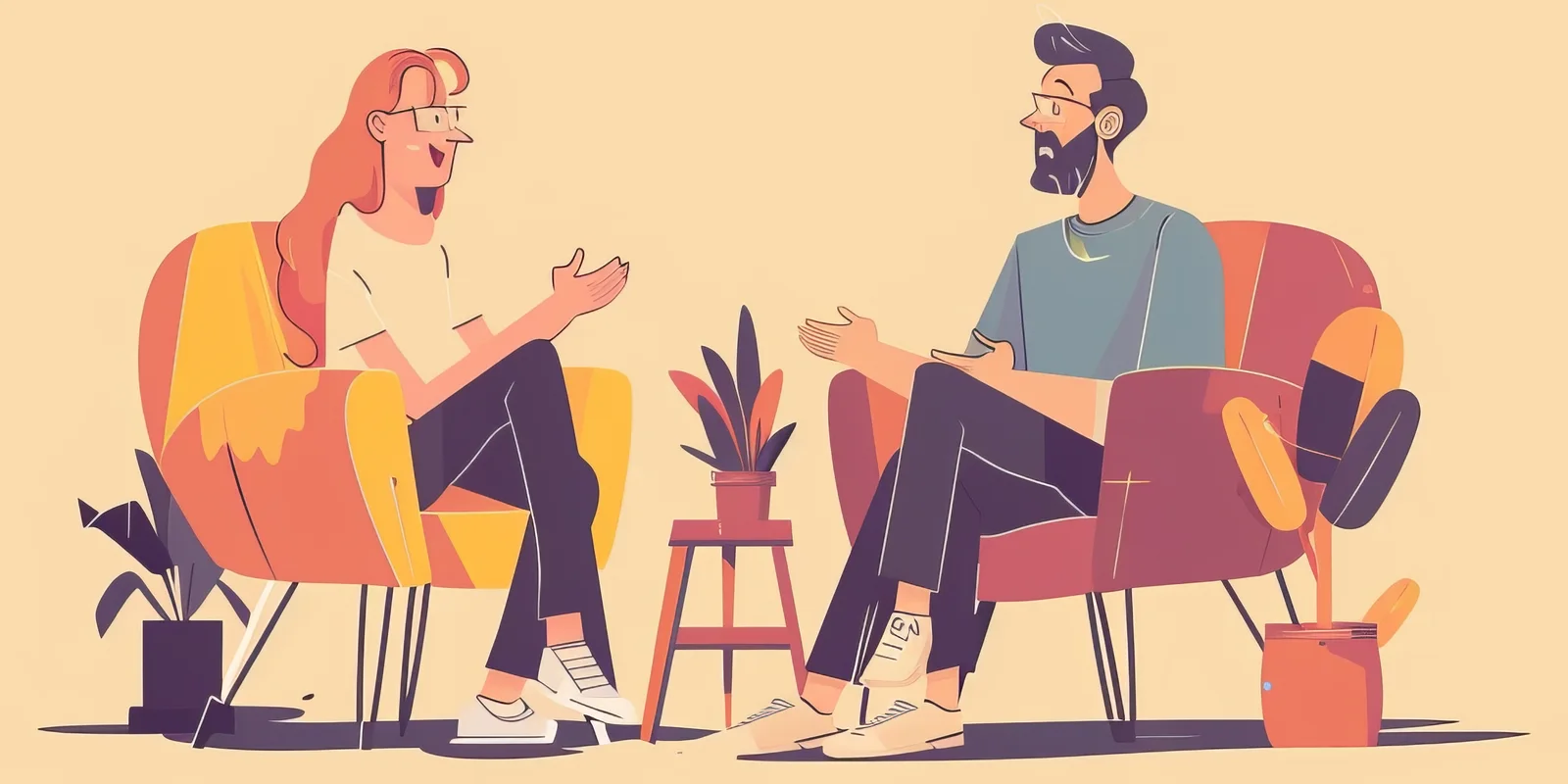 Ilustração de duas pessoas sentadas em poltronas, frente a frente, conversando